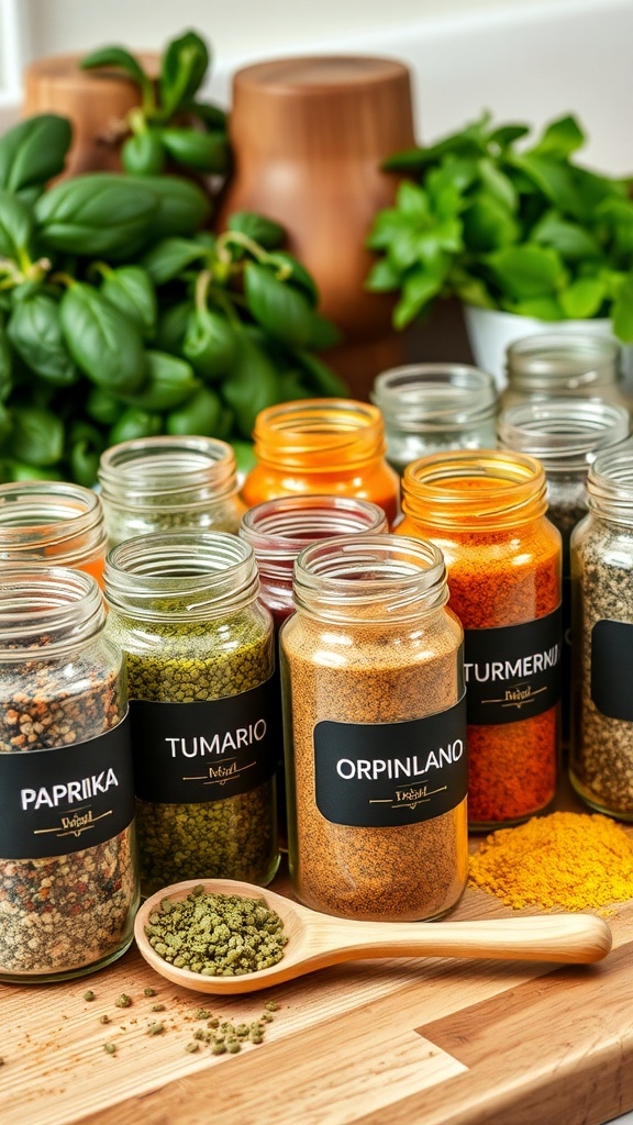 Colorful spice jars with herbs and spices on a wooden counter, labeled and ready for seasoning.